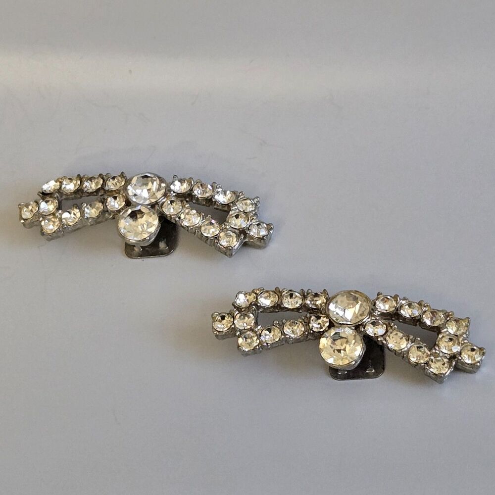 1950s Vintage Rhinestone Bow Shoe Clips Pair Silver-tone Sparkling Bridal MCM